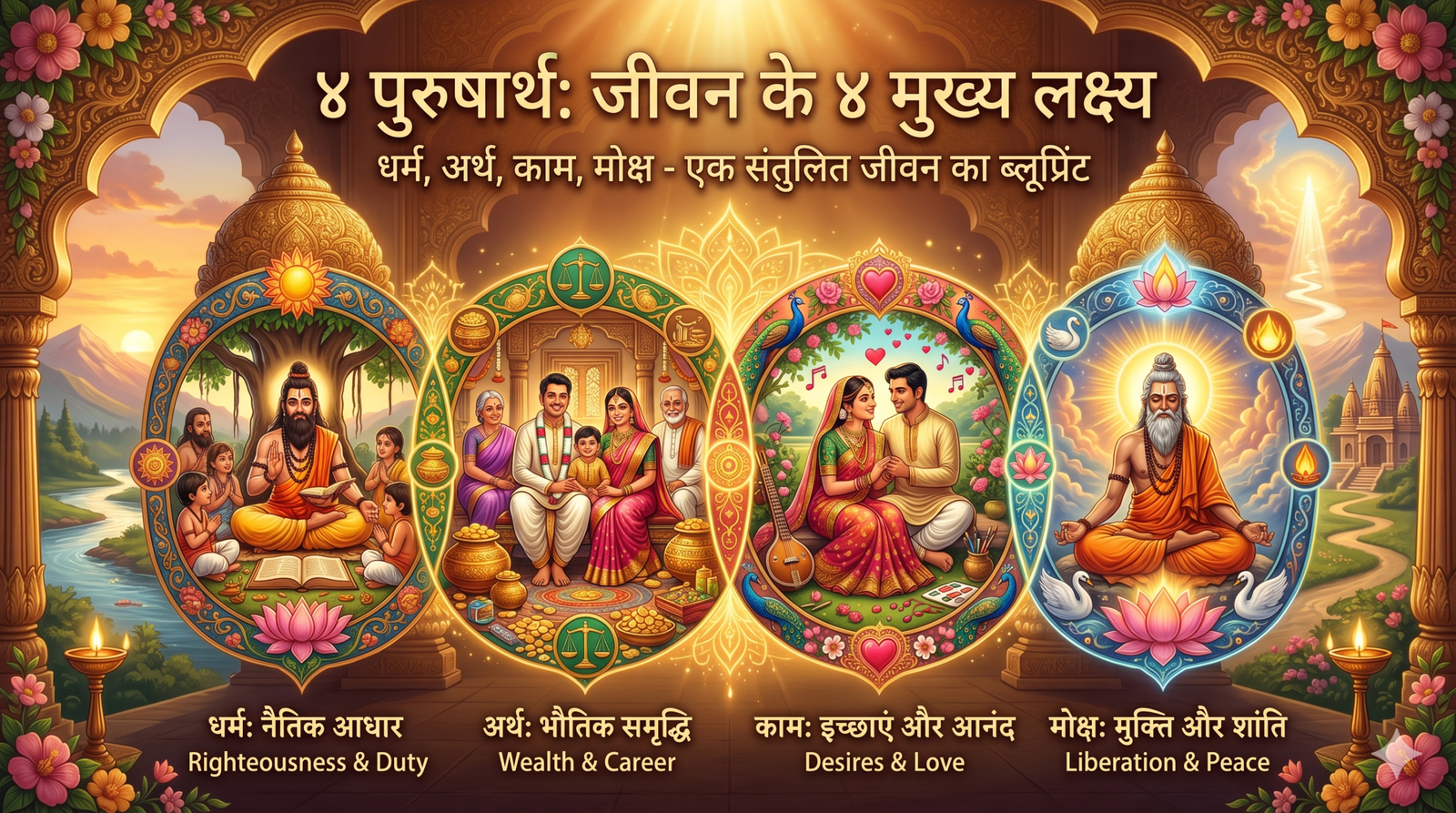पुरुषार्थ (धर्म, अर्थ, काम, मोक्ष): जीवन के 4 मुख्य लक्ष्य