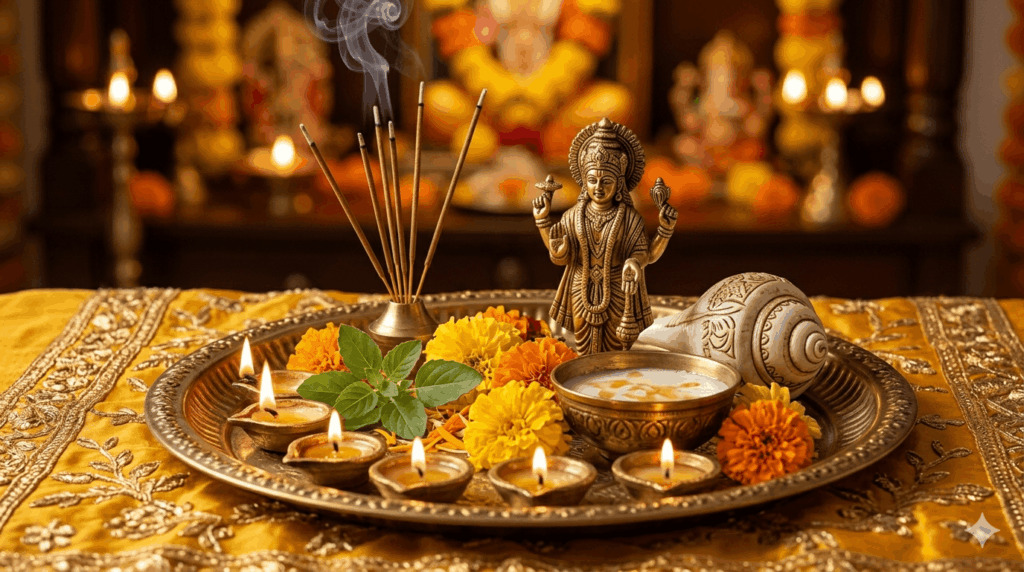 Mohini Ekadashi puja thali with tulsi, diya aur panchamrit for Vishnu puja