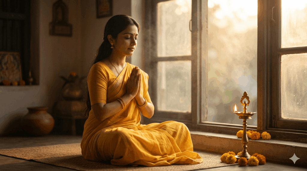 Mohini Ekadashi vrat mein prayer karte hue mahila at sunrise brahma muhurat